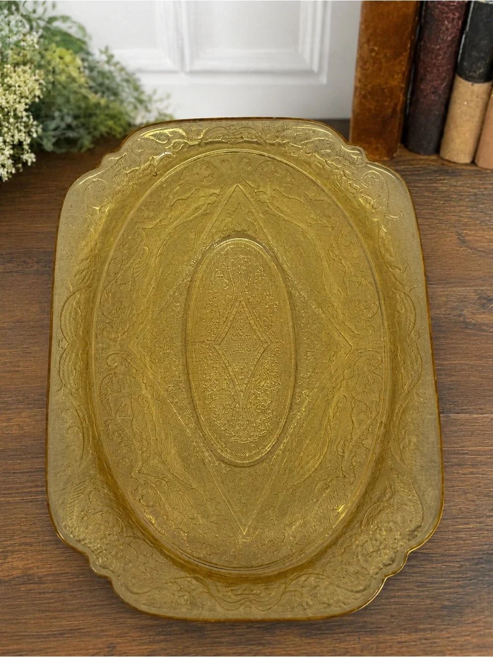 Vintage Amber Yellow Pressed Glass Serving Dishes Set of 3 Ornate Scroll Pattern